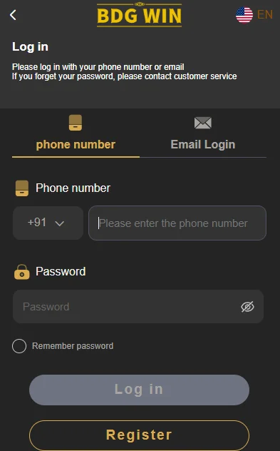 BDG Win Login page